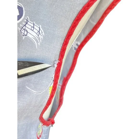 950s Cotton Apron With Folk Art Italian Style Dance Music Print  Red Trim VTG - Picture 12 of 16